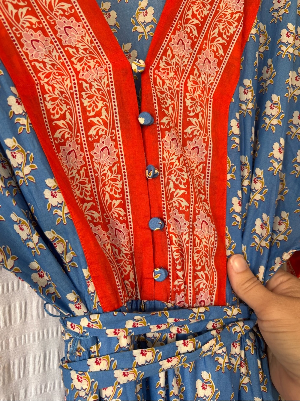 J. Crew 100% Cotton Boho Red & Blue Floral Tie-Waist Midi Dress Sz Small - Picture 5 of 10